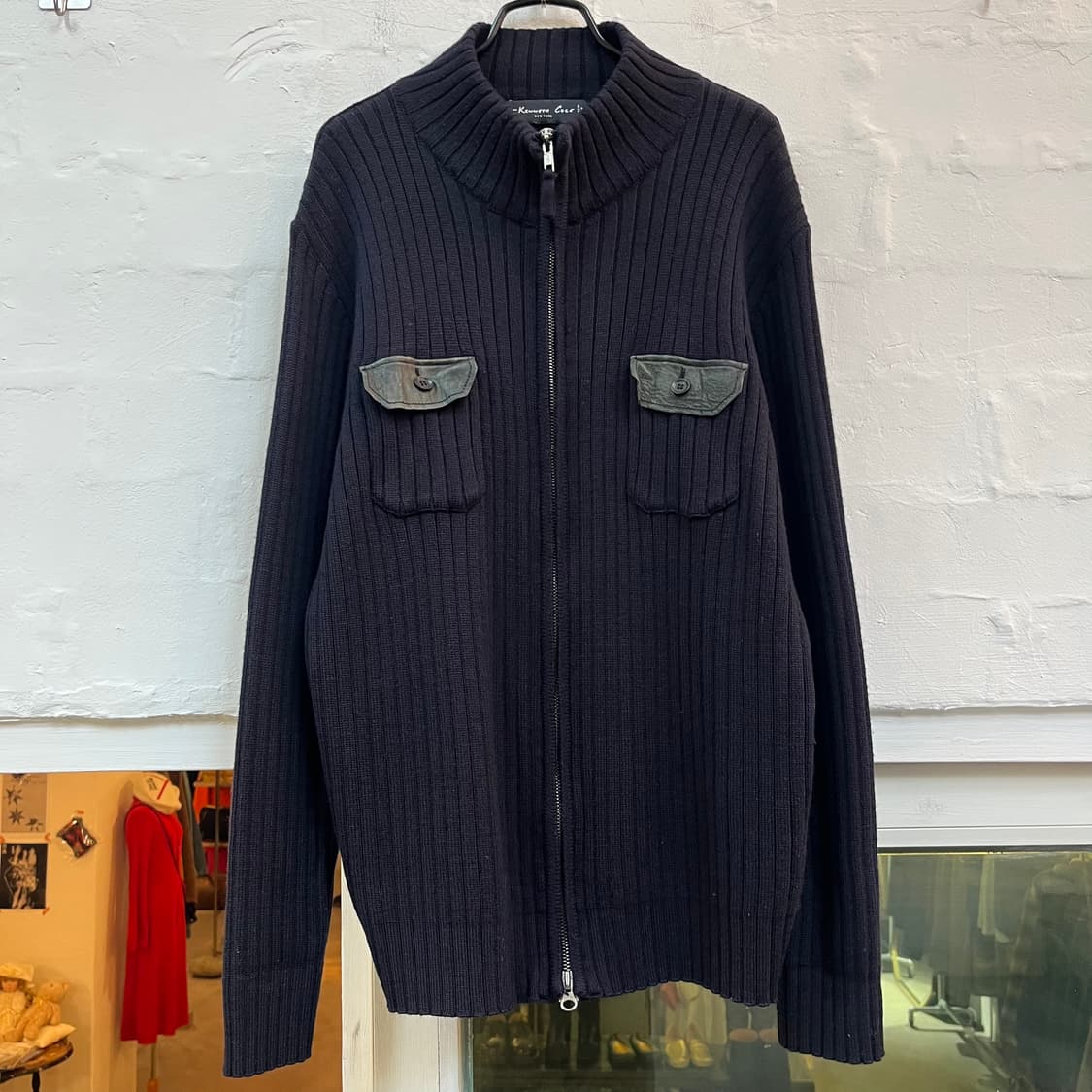 Kenneth Cole 레더 포켓 니트집업 블랙 상품이미지1