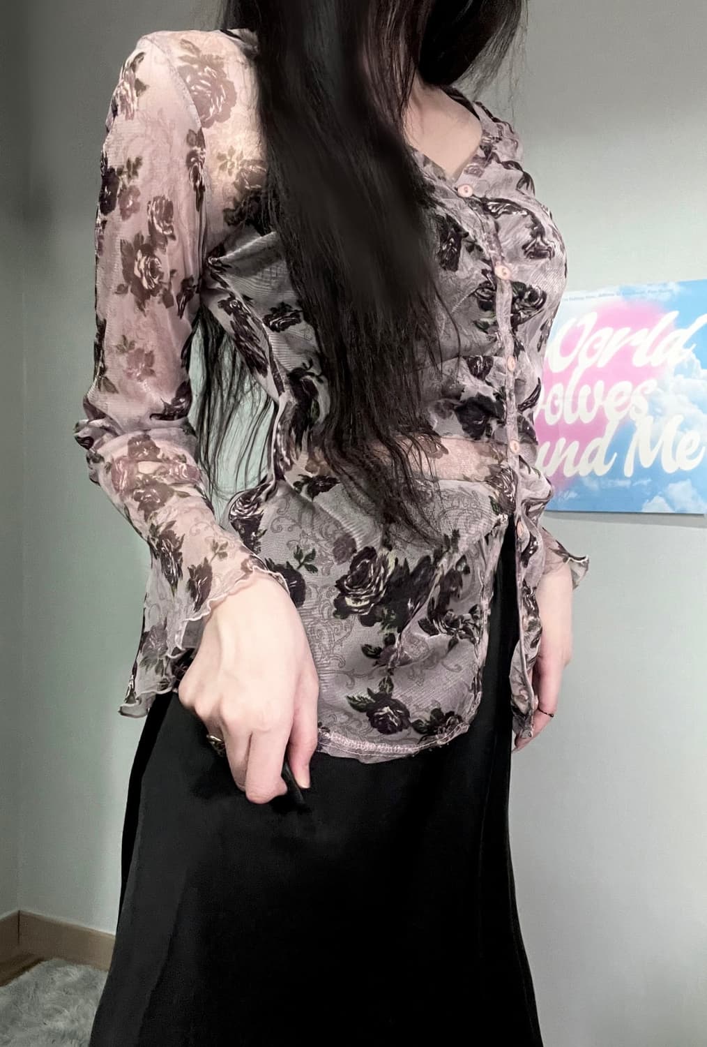 퍼플 엔틱 에스닉 고딕 로즈 장미 프릴 레이스 셔링 쉬폰 가디건 블라우스 상품이미지1