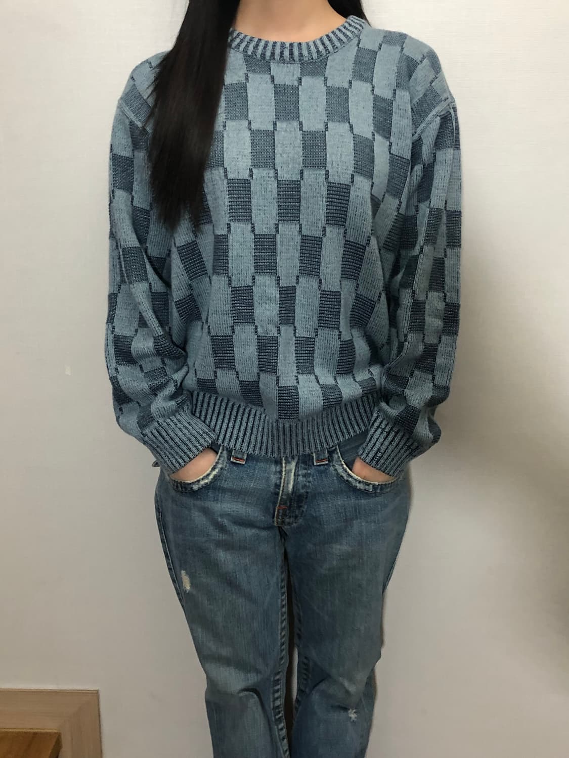 빈티지 블루 체커보드 니트 상품이미지3