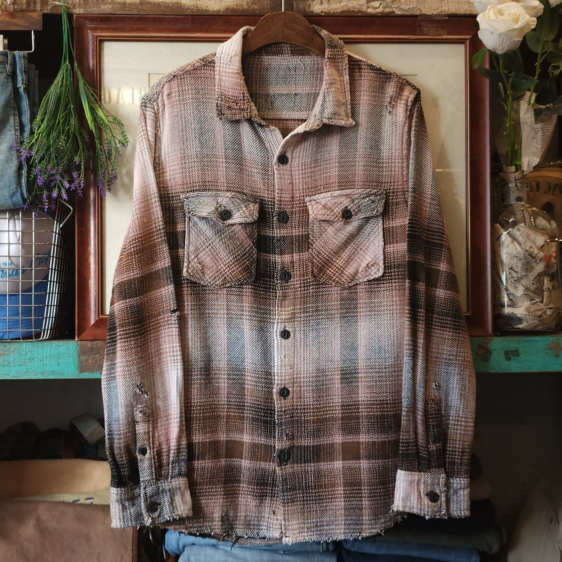 90s 빈티지 체크셔츠 헤비 플란넬 워크셔츠 썬페이딩 핑크 블랙 m 상품이미지1