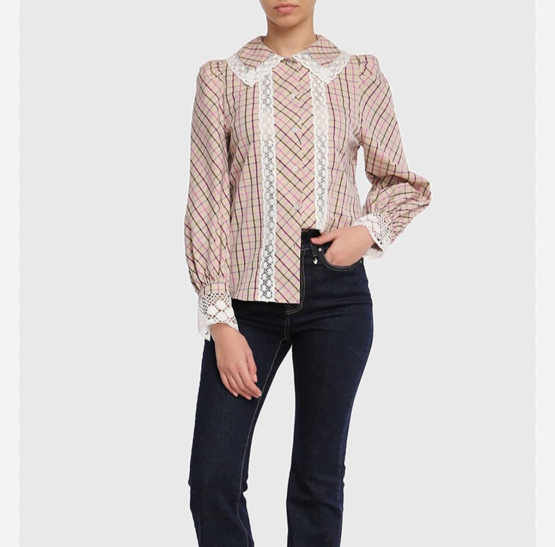 정품)막스마라 38사이즈(55~66) 막스마라 체크 레이스 블라우스 상품이미지5