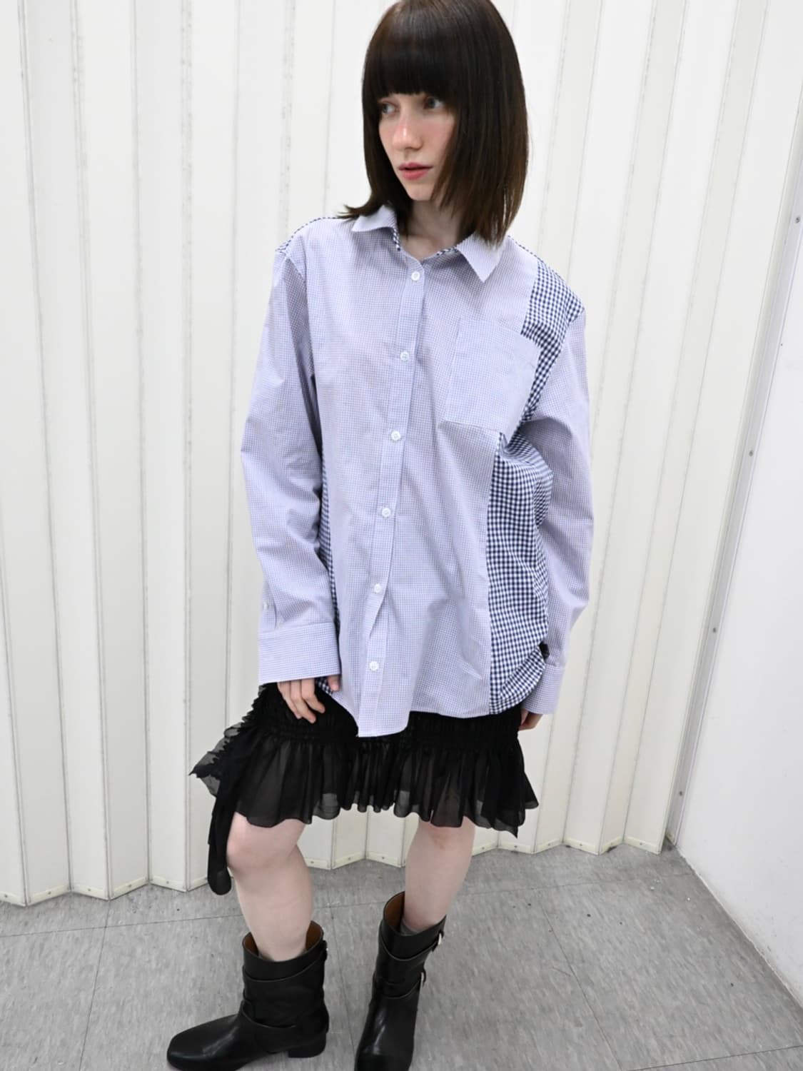 sakk 싹 비대칭 오버핏 블루 체크 셔츠 상품이미지1