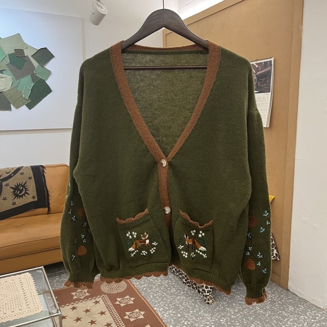 빈티지 코지 모리걸 여우 자수 말차카키 가디건 XL C10296 상품이미지3