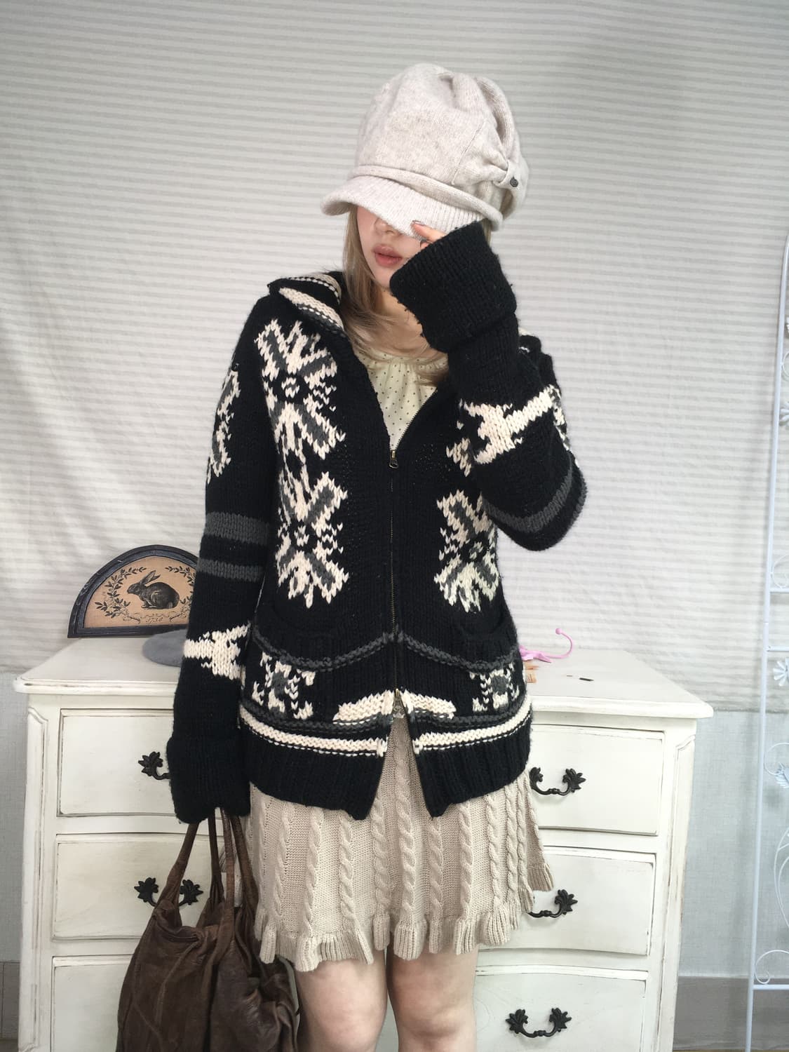 일본빈티지 코위찬 블랙 노르딕 패턴 집업 상품이미지4