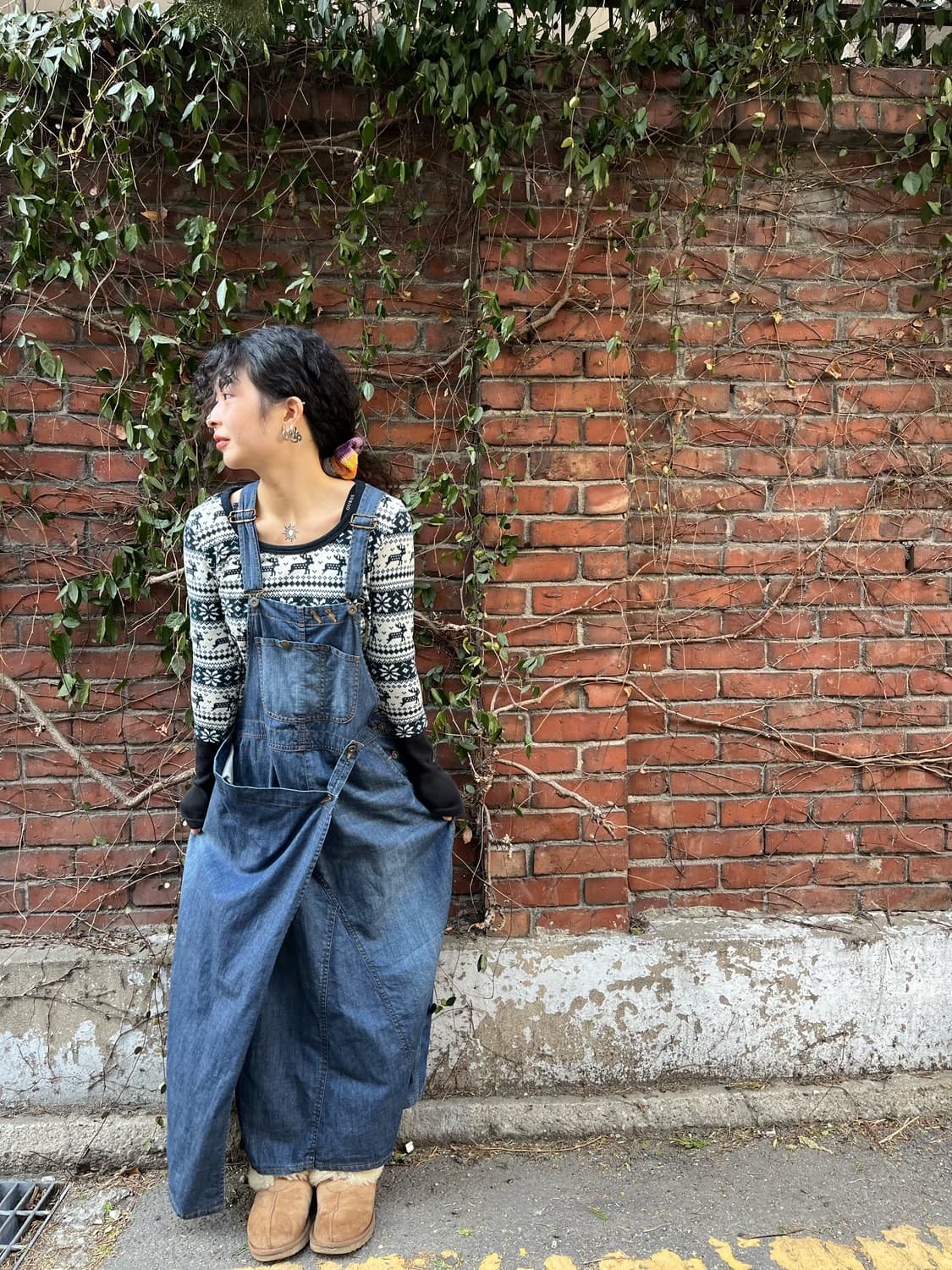 블루 데님 멜빵 롱 원피스 상품이미지1