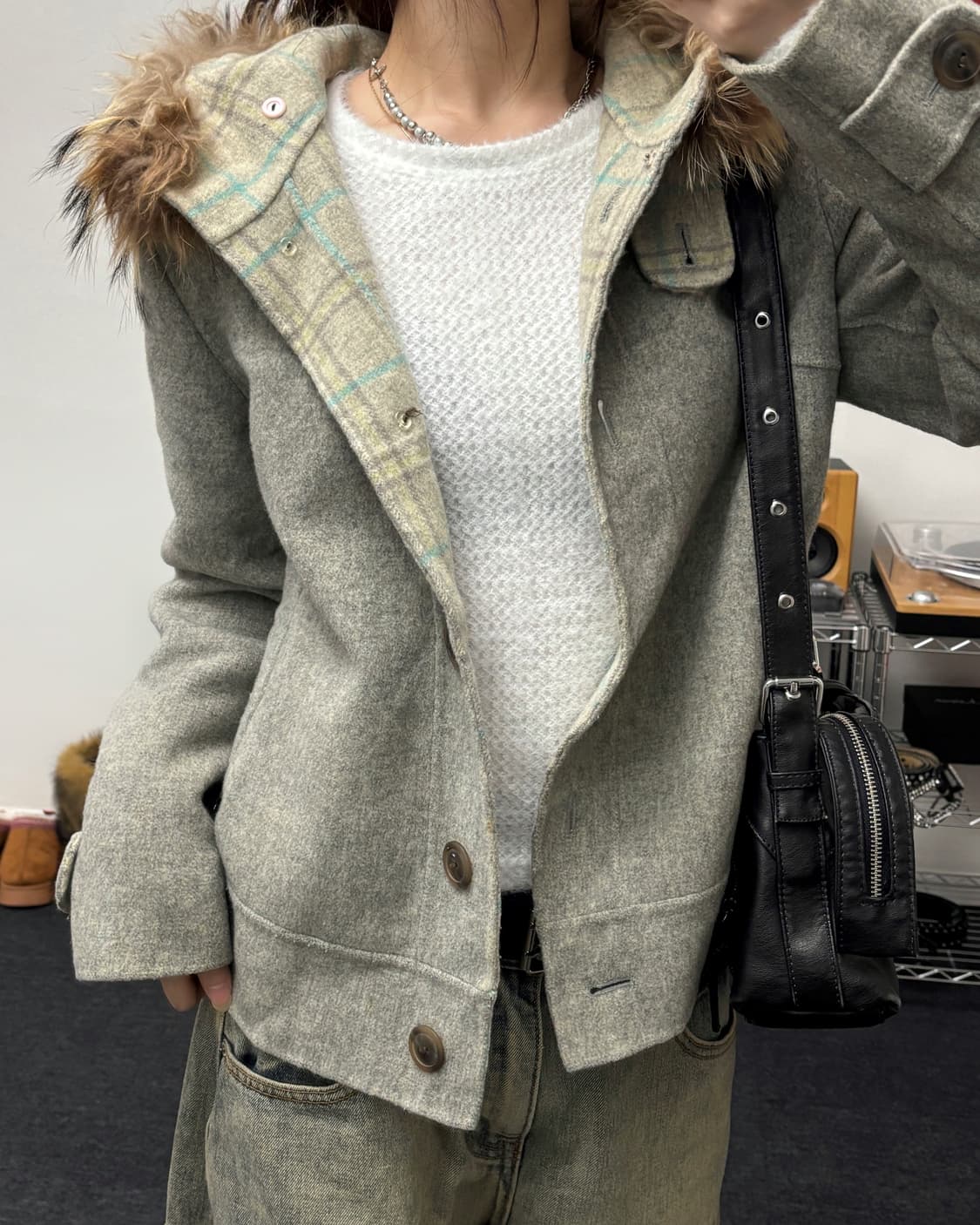 올드 빈티지 퍼 후드 울 자켓 상품이미지2