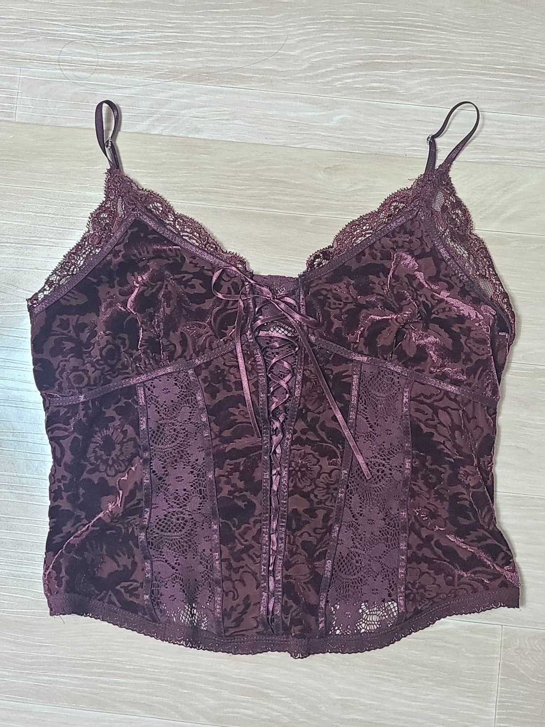 익스프레스 벨벳 레이스 버건디 코르셋 탑 뷔스티에 상품이미지1