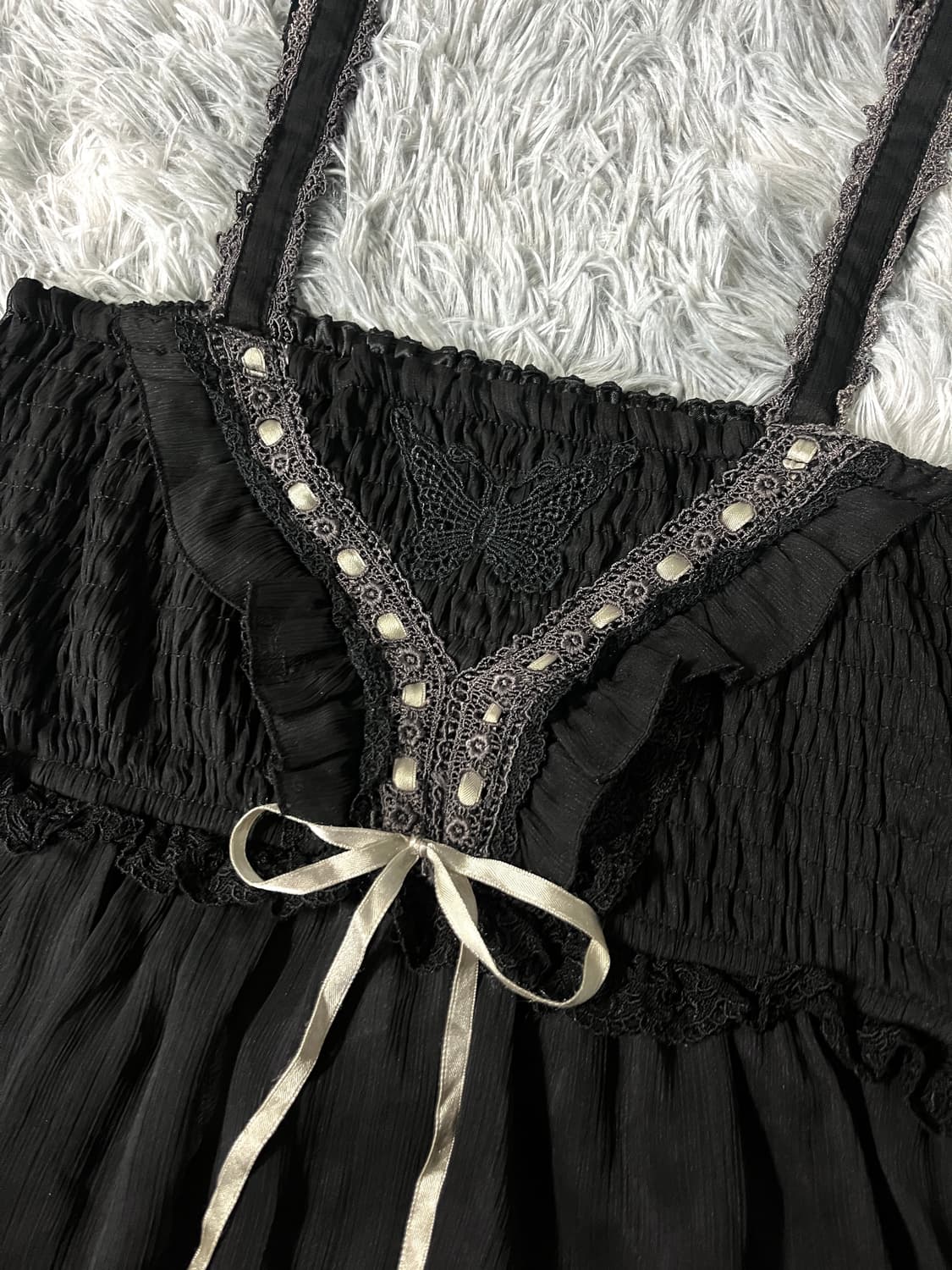 엑시즈팜 엔틱 에스닉 나비 자수 레이스 슬리브리스 쉬폰 블랙 원피스 상품이미지7