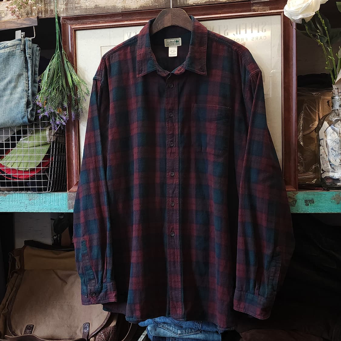 90s 엘엘빈 체크셔츠 플란넬 셔츠 헤비코튼 워크셔츠 레드 그린 xxl 상품이미지2