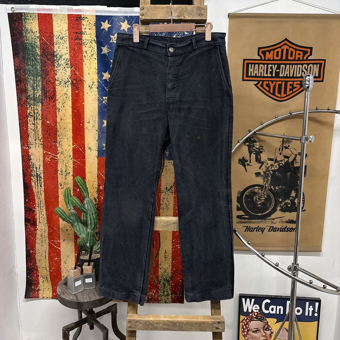 70s 오리지널 헤비 몰스킨 프렌치 워크팬츠 빈티지워싱 블랙 N681 상품이미지1