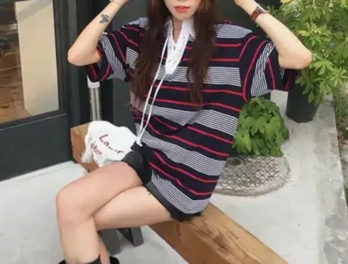 유센틱 피케 스트라이프 티셔츠 다크네이비 새상품 상품이미지1