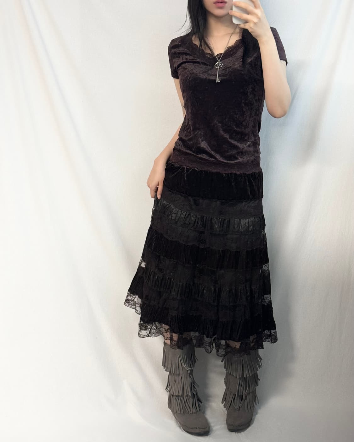 벨벳 레이스 투피스 패치 롱 스커트 3pcs SET 상품이미지4