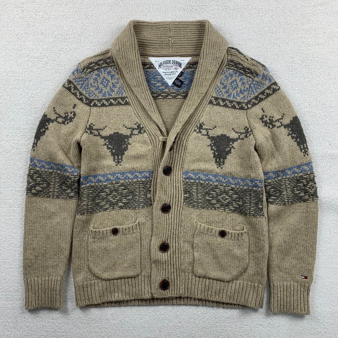 타미힐피거 노르딕패턴 울 니트 숄카라 가디건 베이지 상품이미지1