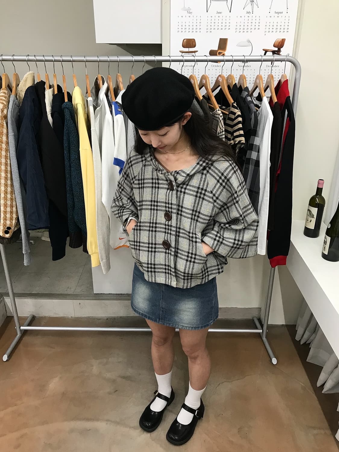 올리브데 올리브 체크 후드 망토 자켓 상품이미지5
