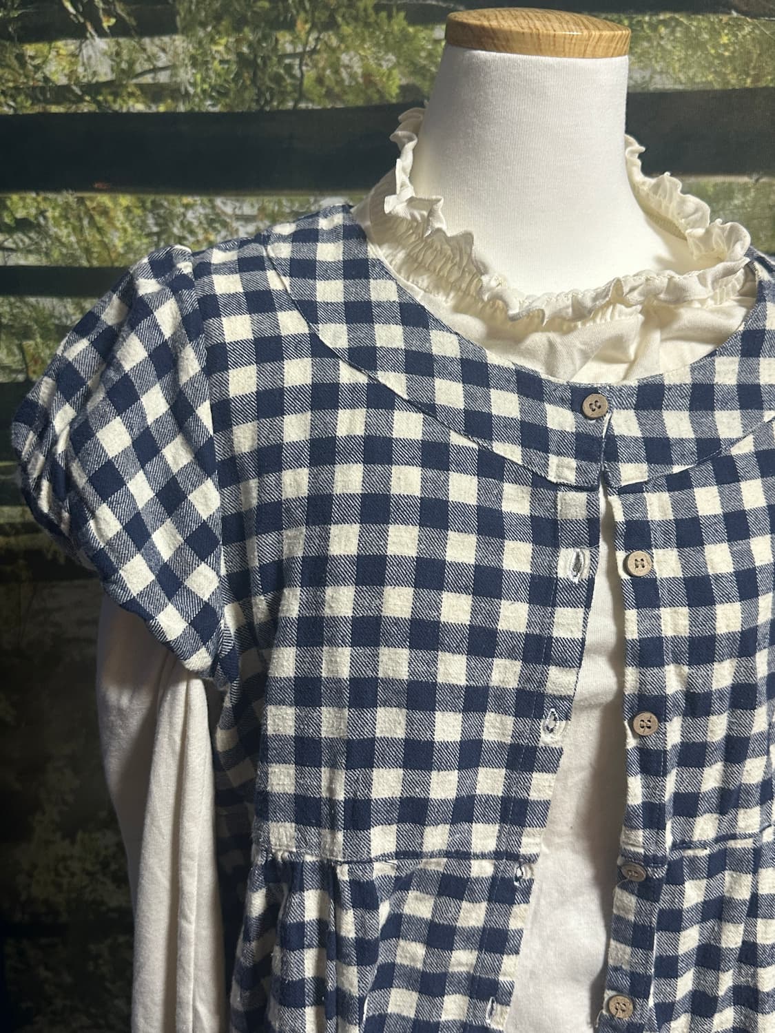 빈티지 네이비 바선생 퍼프 소매 우드 단추 튜닉 원피스 상품이미지1