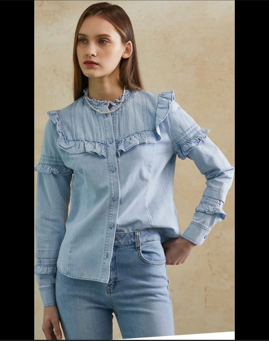 Egoist 에고이스트 데님 셔링 블라우스 상품이미지1