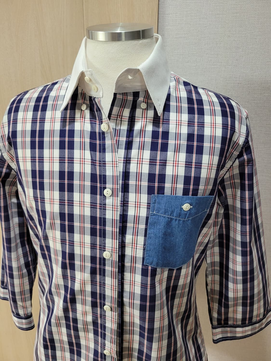 캘번 KELBURN 남자 7부 체크 셔츠 105 네이비 상품이미지2