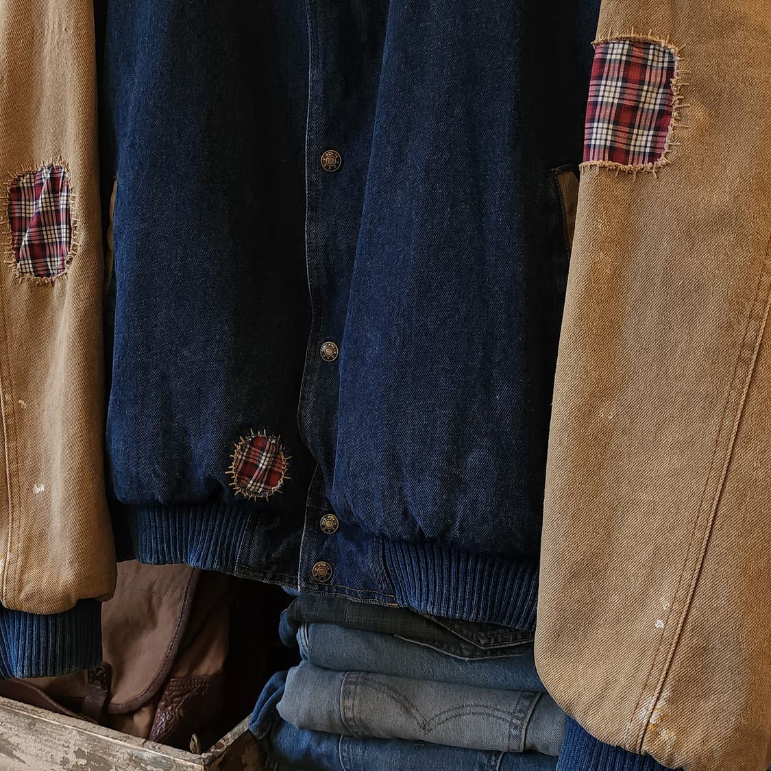 90s 빈티지 데님 바시티 자켓 컨트리 체크 패치워크 빅사이즈 3XL 상품이미지7