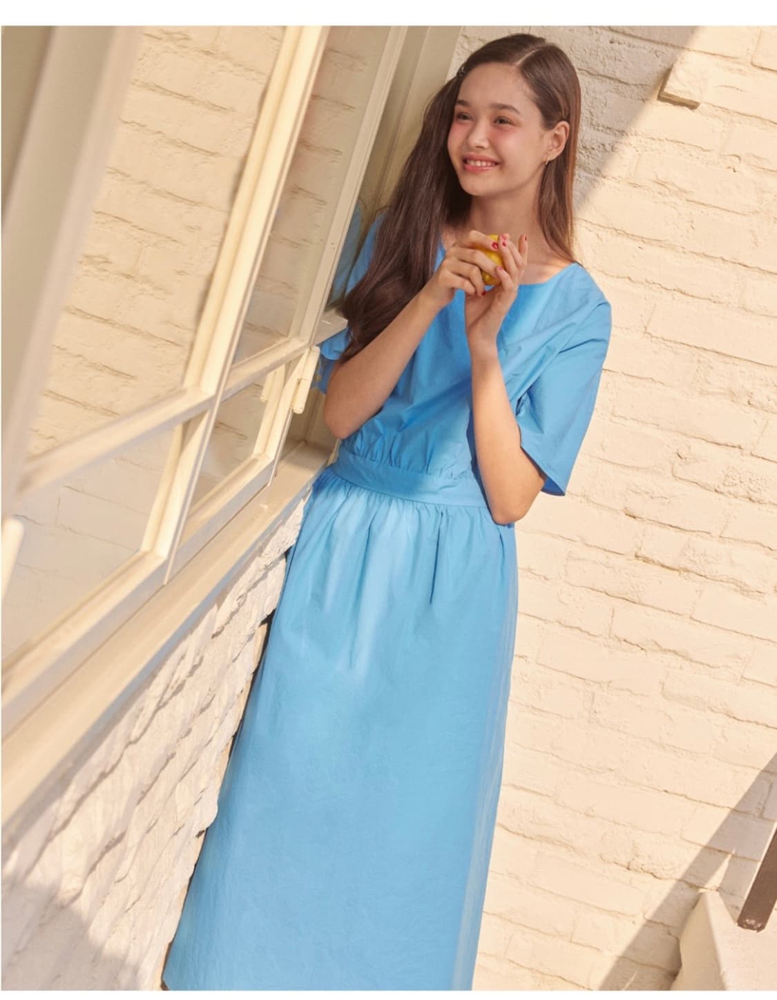 유어네임히얼 여름이 데이트룩 블루 허리 밴딩 코튼 롱 원피스 F 상품이미지3