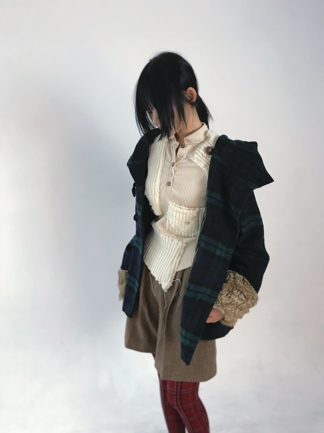 Green-check fur sleeve duffel coat 상품이미지6