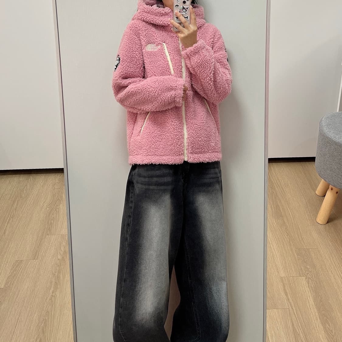 노스페이스 화이트라벨 핑크 후드 뽀글이 플리스 자켓 상품이미지1