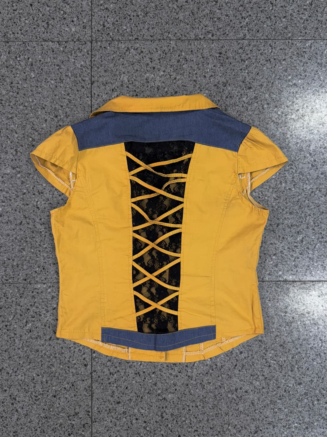 vintage yellow denim trim lace back vest 상품이미지2