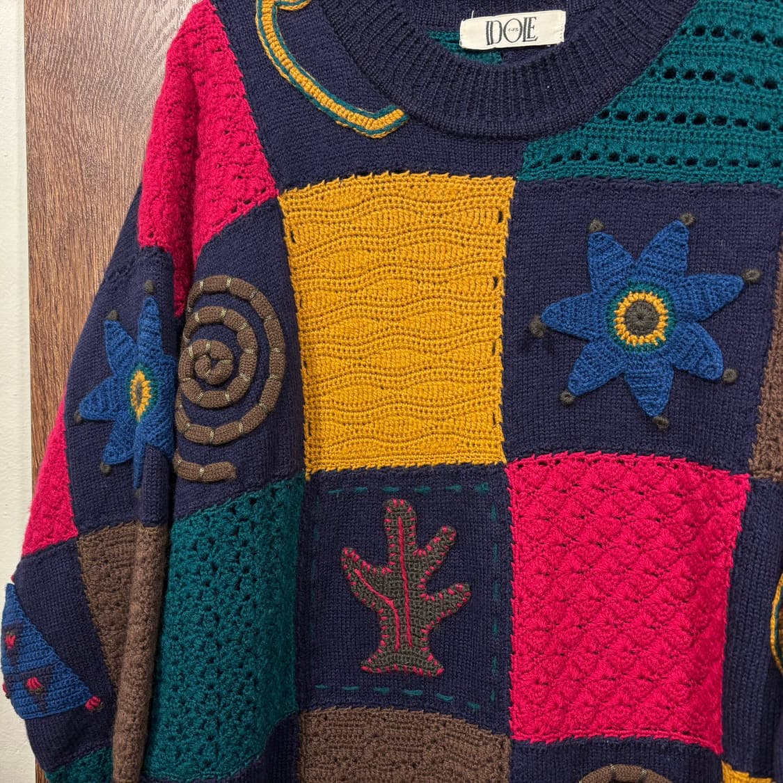 일본 빈티지 울100 뜨개 모티브 아플리케 패치워크 니트 상품이미지5