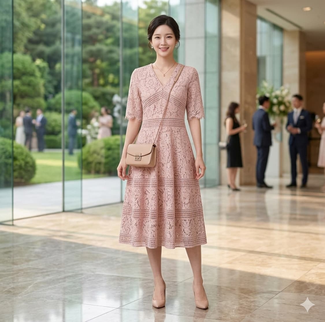 💗하객룩 추천 | 핑크 레이스 브이넥 미디 원피스 55~슬림66 | 날 상품이미지1