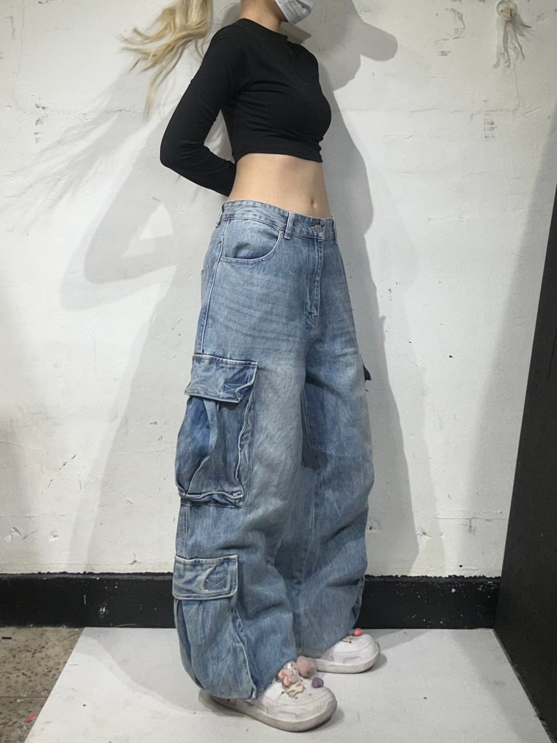 빈티지 연청 대대장 와이드 데님 카고 팬츠 멀티 포켓 캣워싱 청바지 M 상품이미지1