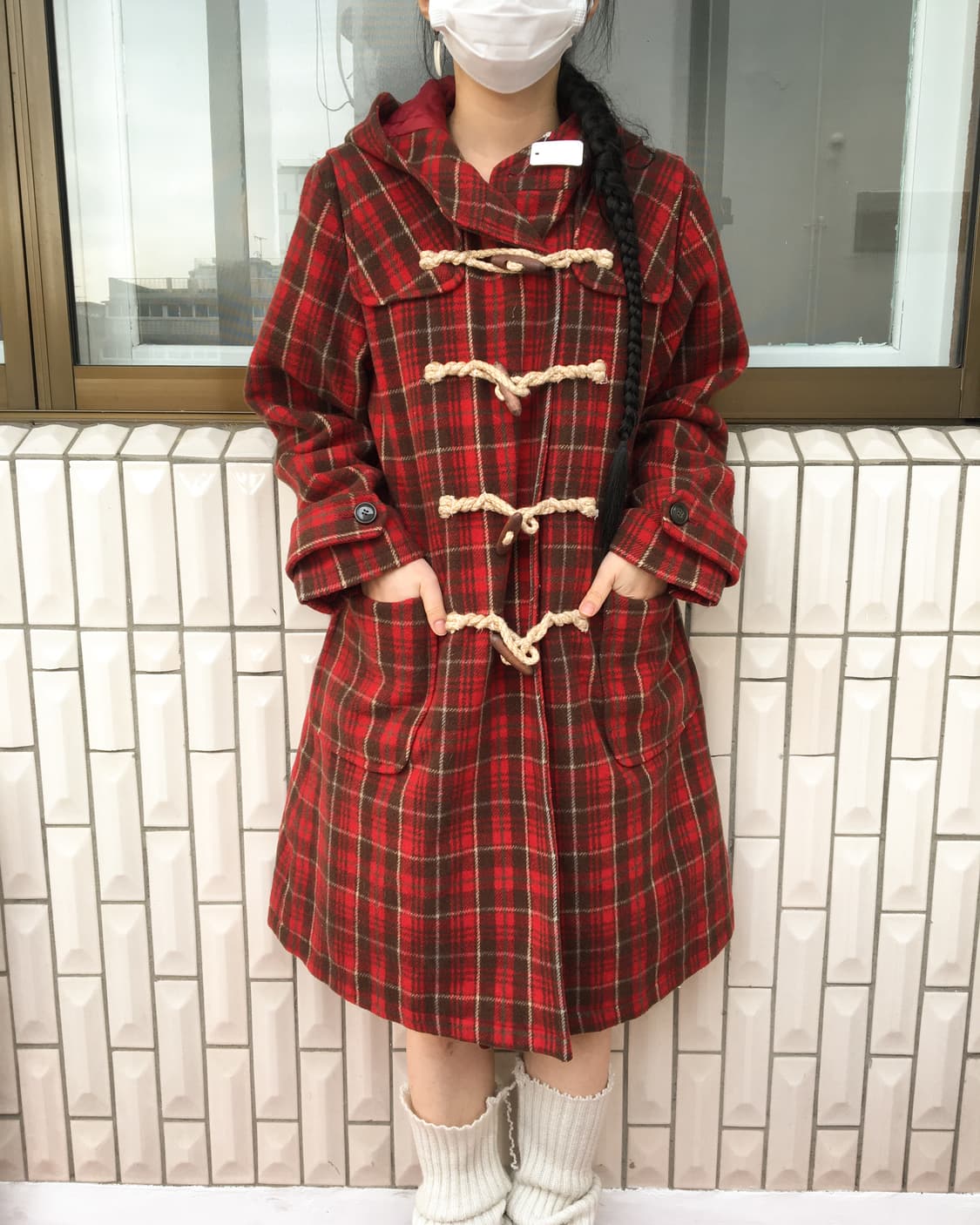 Check pattern duffle button hood coat 상품이미지8