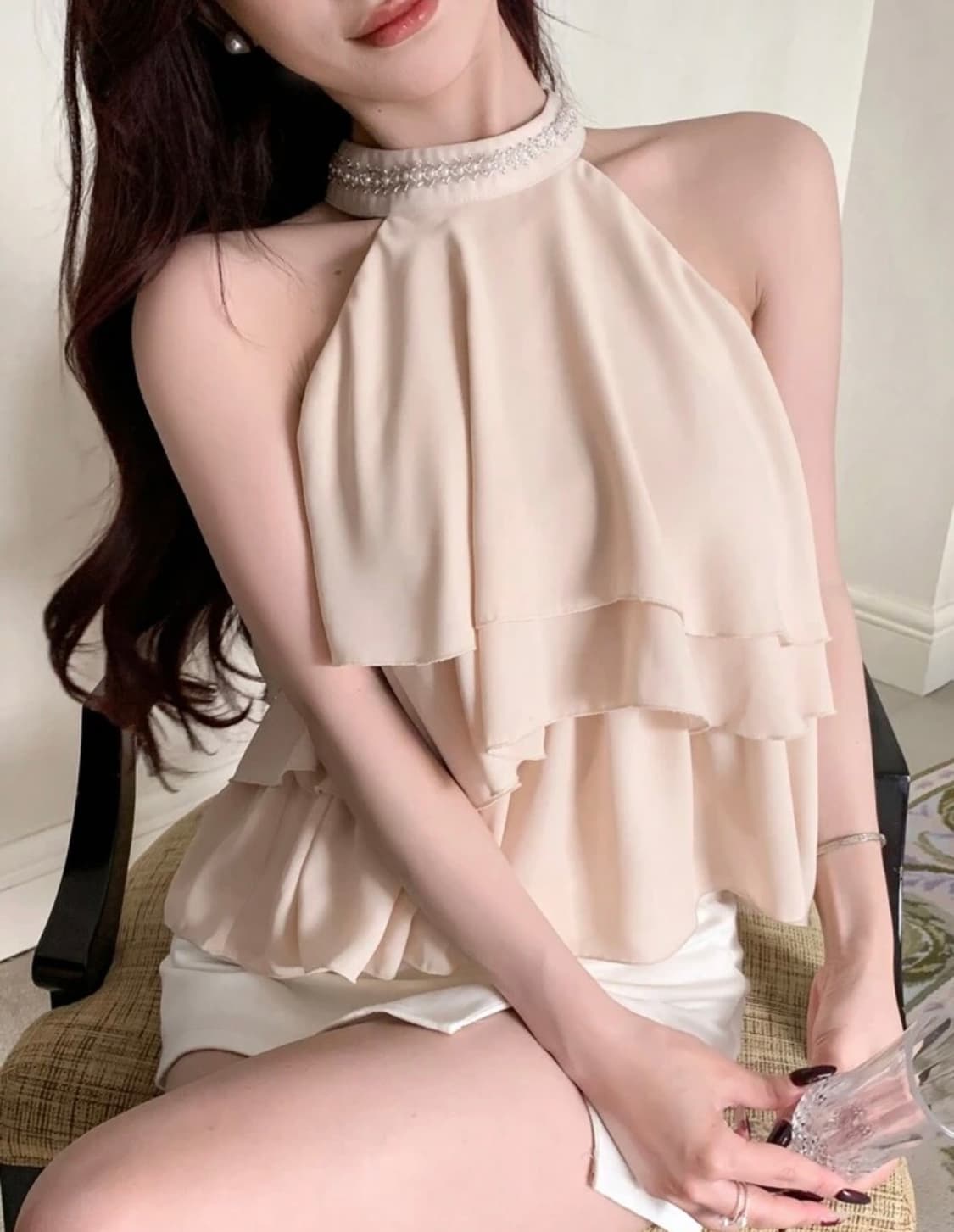 스나계 비쥬 홀터넥 프릴 오프숄더 블라우스 /오네갸루로걀걸리양산형 상품이미지2