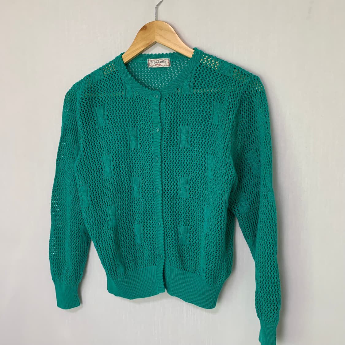 생로랑 입생로랑 빈티지 시스루 그물 니트 크롭 민트 가디건 상품이미지2