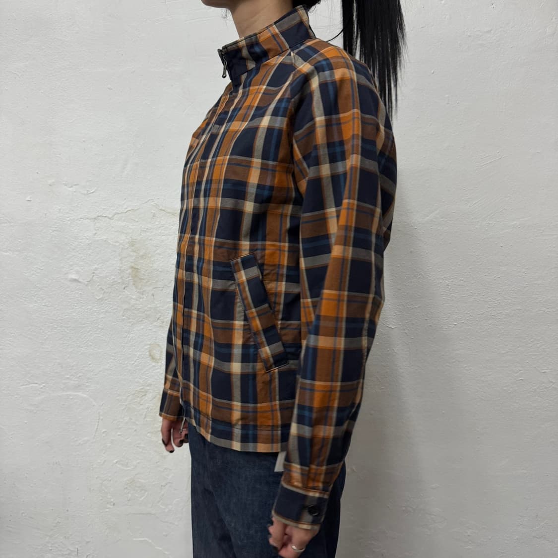 유나이티드 애로우즈 네이비 오렌지 체크 패턴 더블 집업 블루종 자켓 상품이미지2