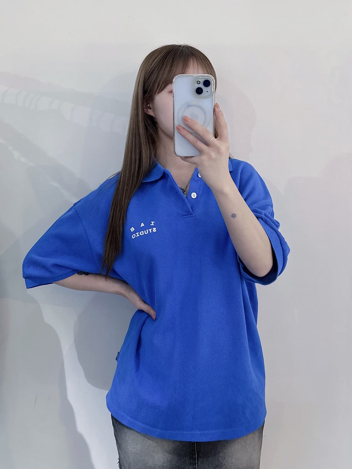 아이앱 크롭피케 블루 셔츠 상품이미지2