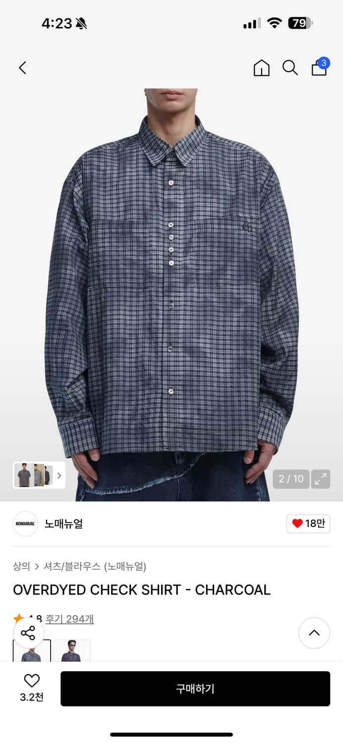 노메뉴얼  OVERDYED CHECK SHIRT - CHARCOAL 상품이미지1