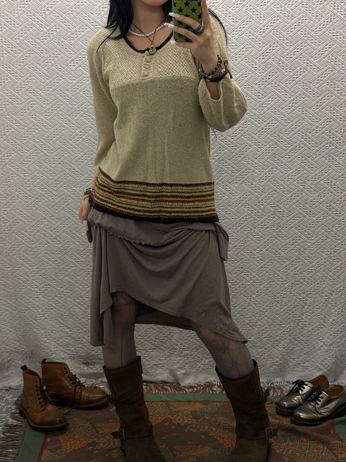 빈티지 오리엔탈 에스닉 뜨개 스트라이프 콩버튼 니트 K0108 상품이미지2