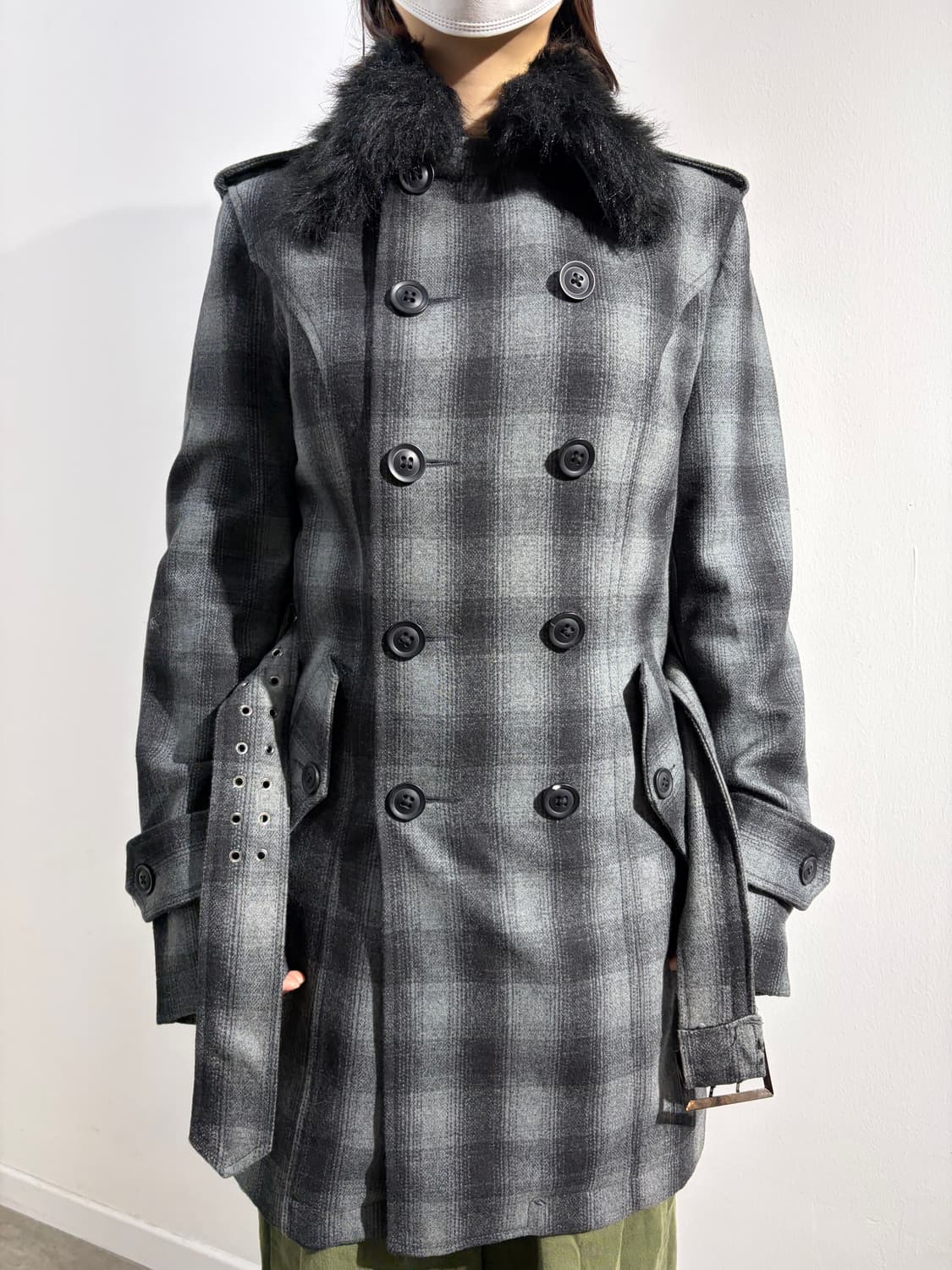 일본빈티지 Roshell 카라 퍼 차콜 체크 미디코트 상품이미지1