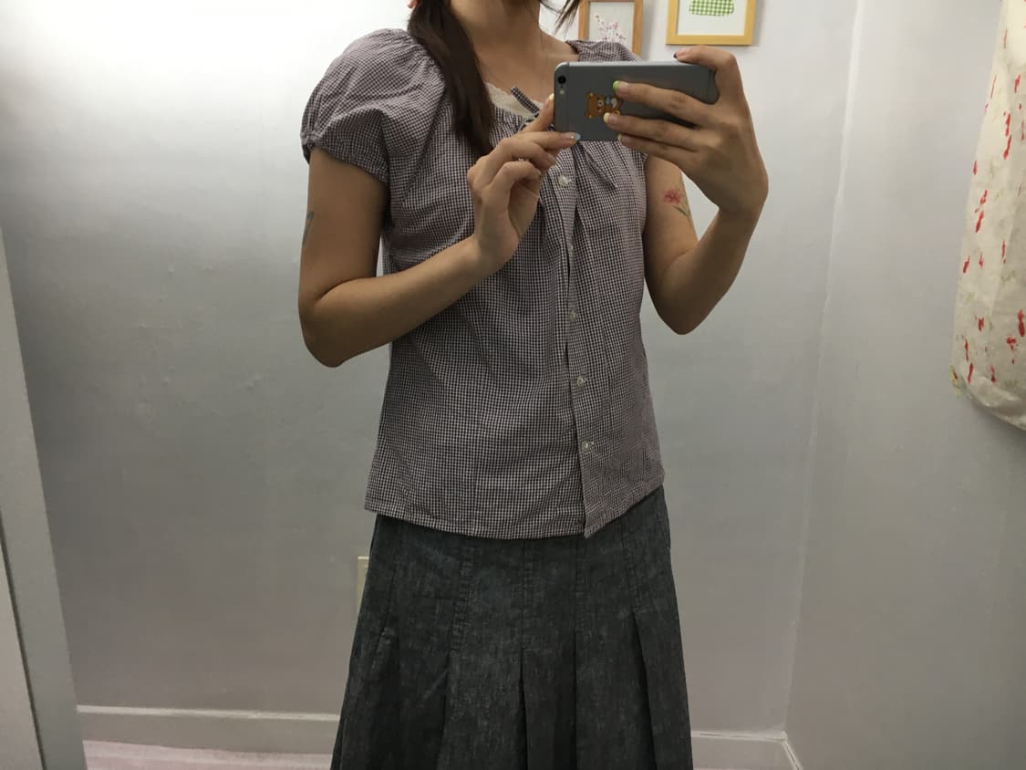 퍼플 체크 반소매 블라우스 상품이미지7