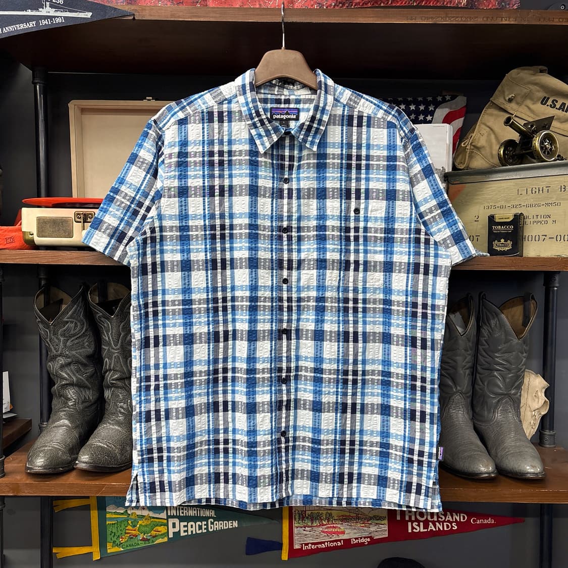 파타고니아 멀티 블루타탄 체크 시어서커 반팔셔츠 N1250 상품이미지1