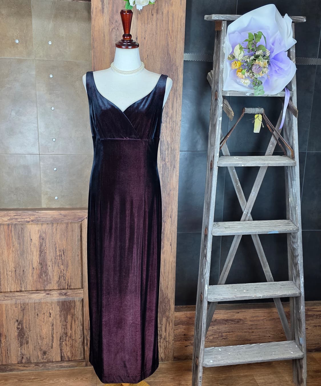 버건디 벨벳 롱 드레스 상품이미지1