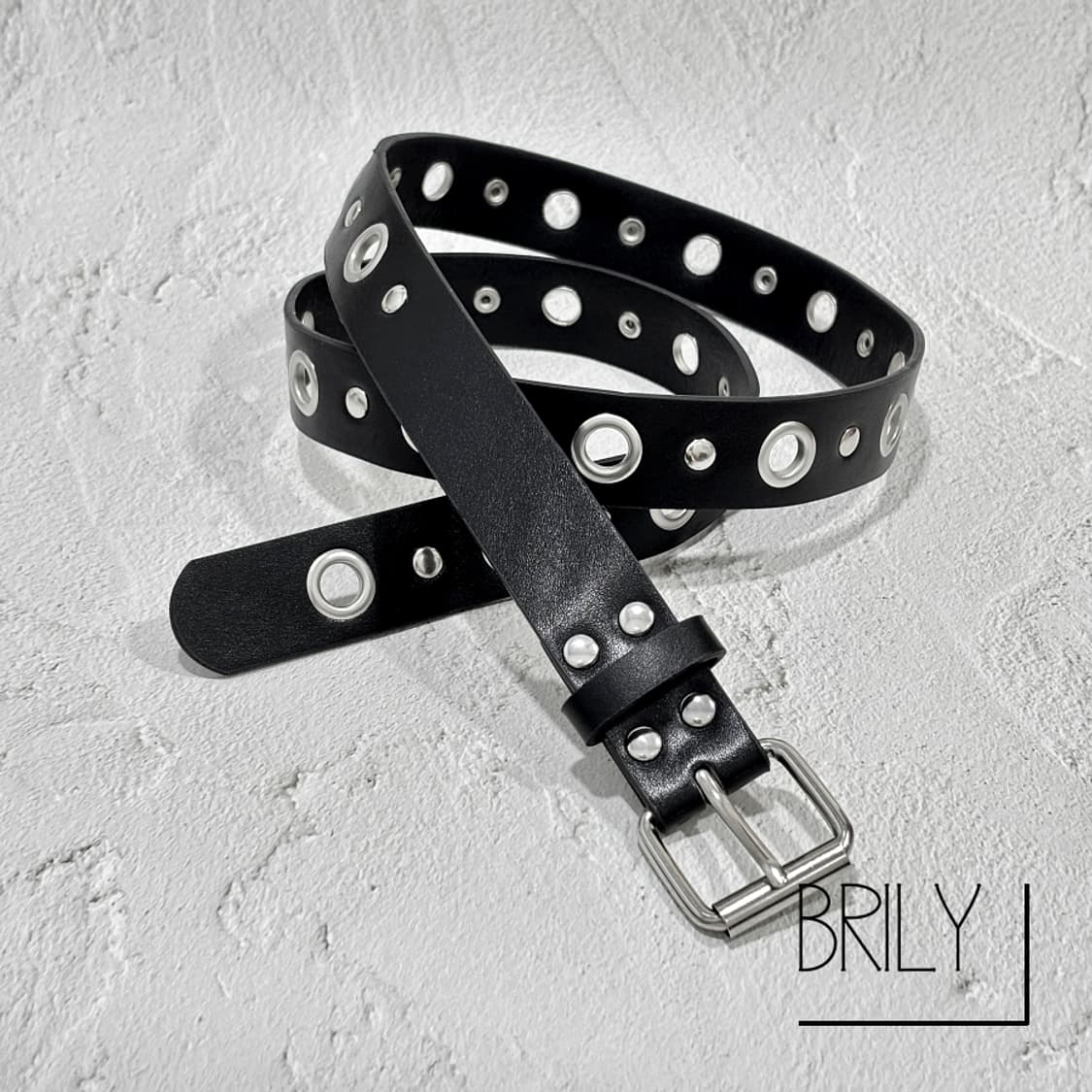 [Unisex] ANDY2 아일렛 티니 스터드 가죽 벨트 블랙 상품이미지3