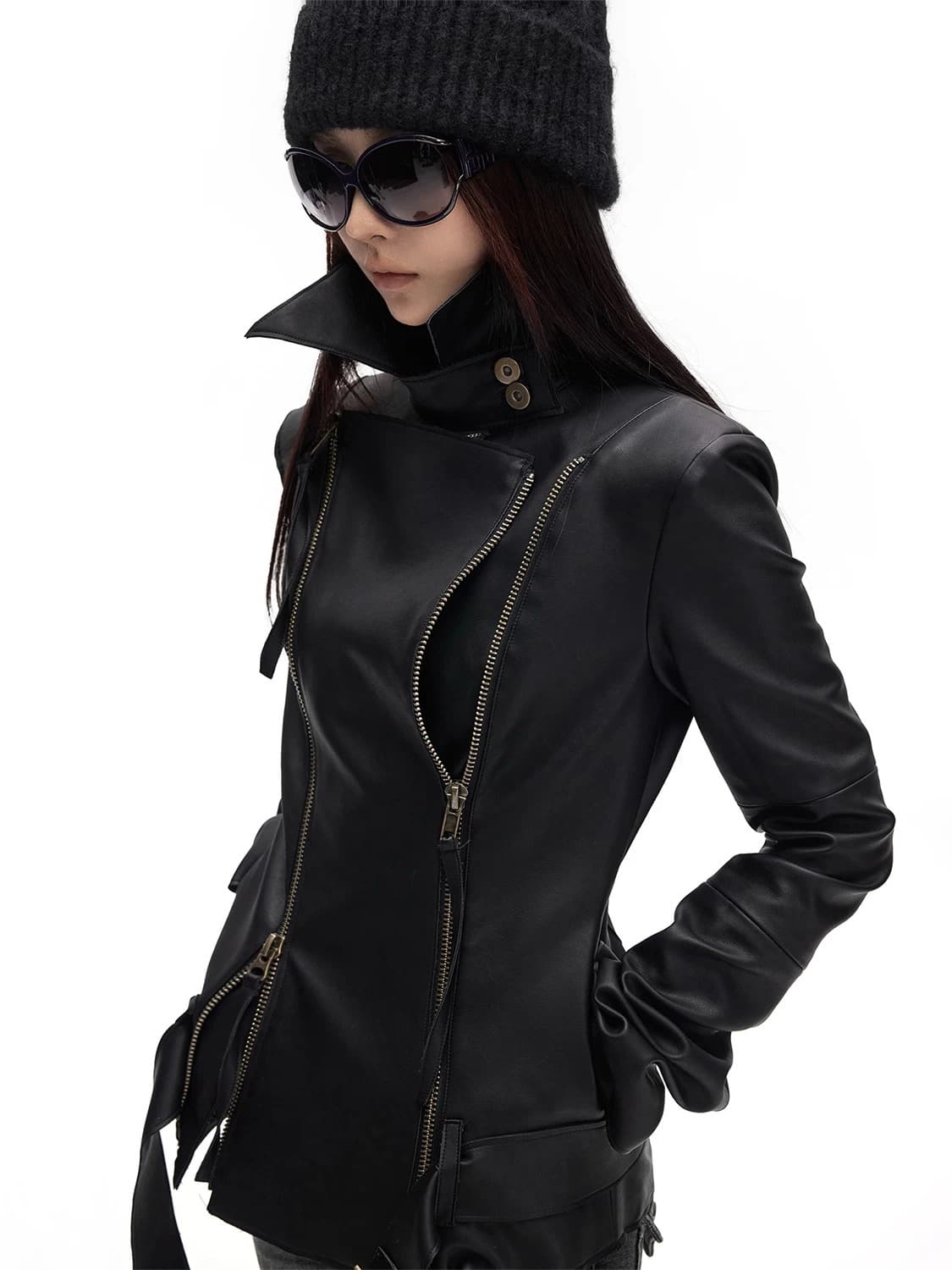 하이넥 슬림핏 레더 자켓 상품이미지1