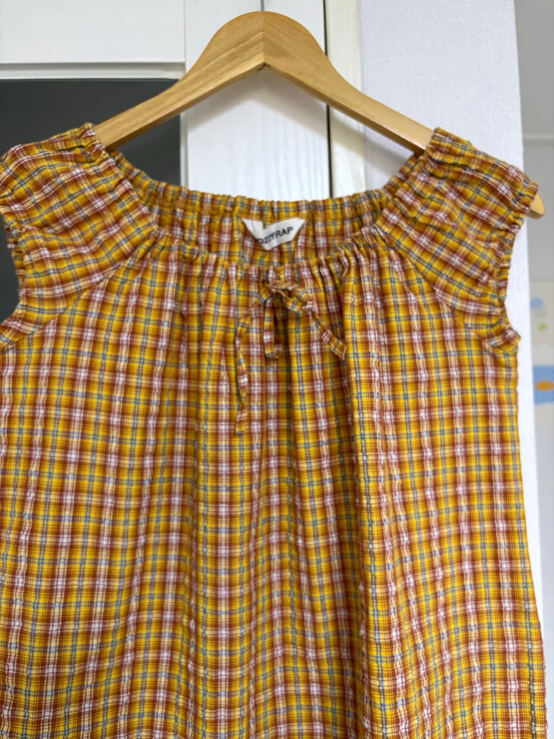 오렌지 체크 퍼프 소매 블라우스 상품이미지8