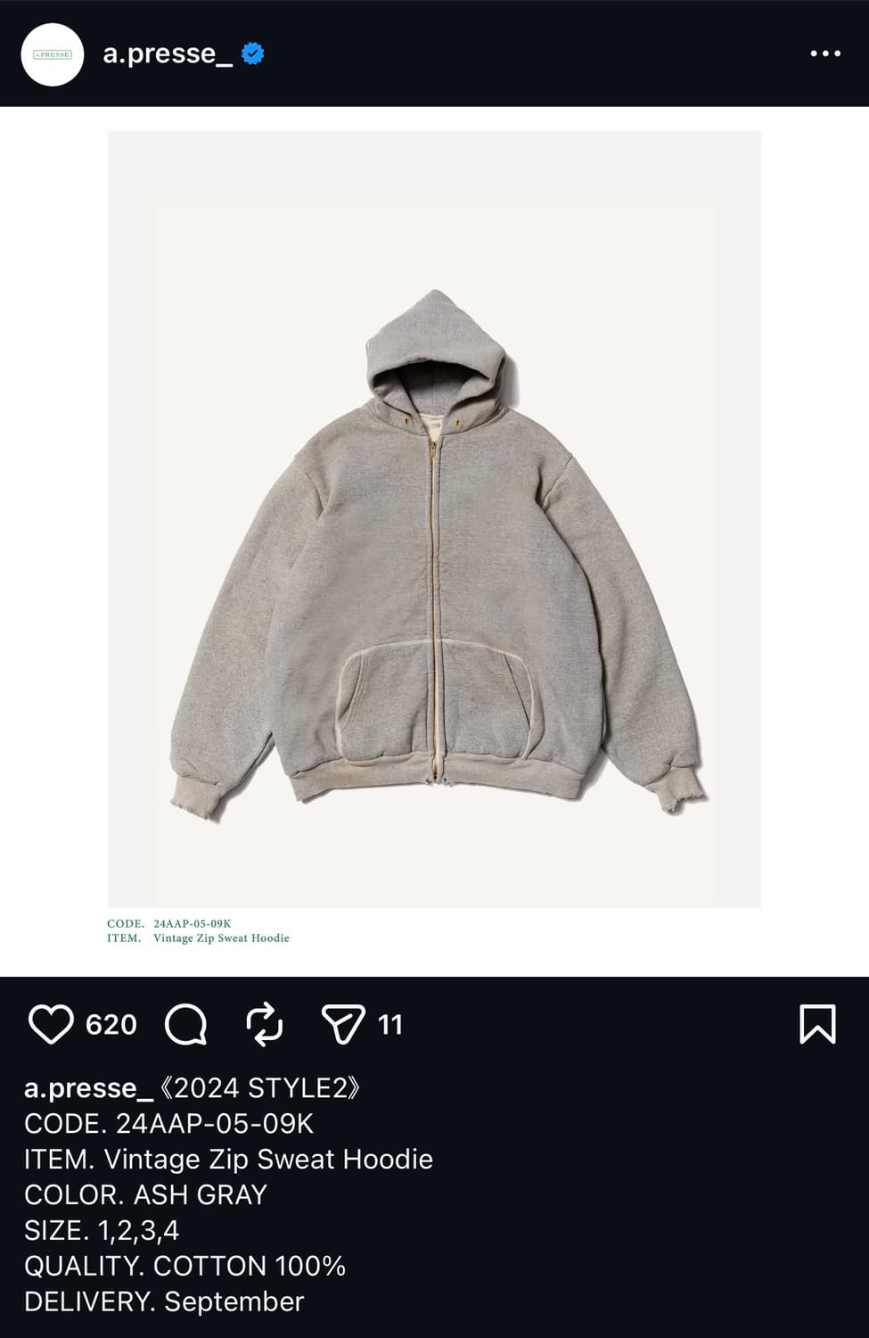 A.presse / 빈티지 집 스웻후디 Ash gray / 2사이즈 상품이미지1