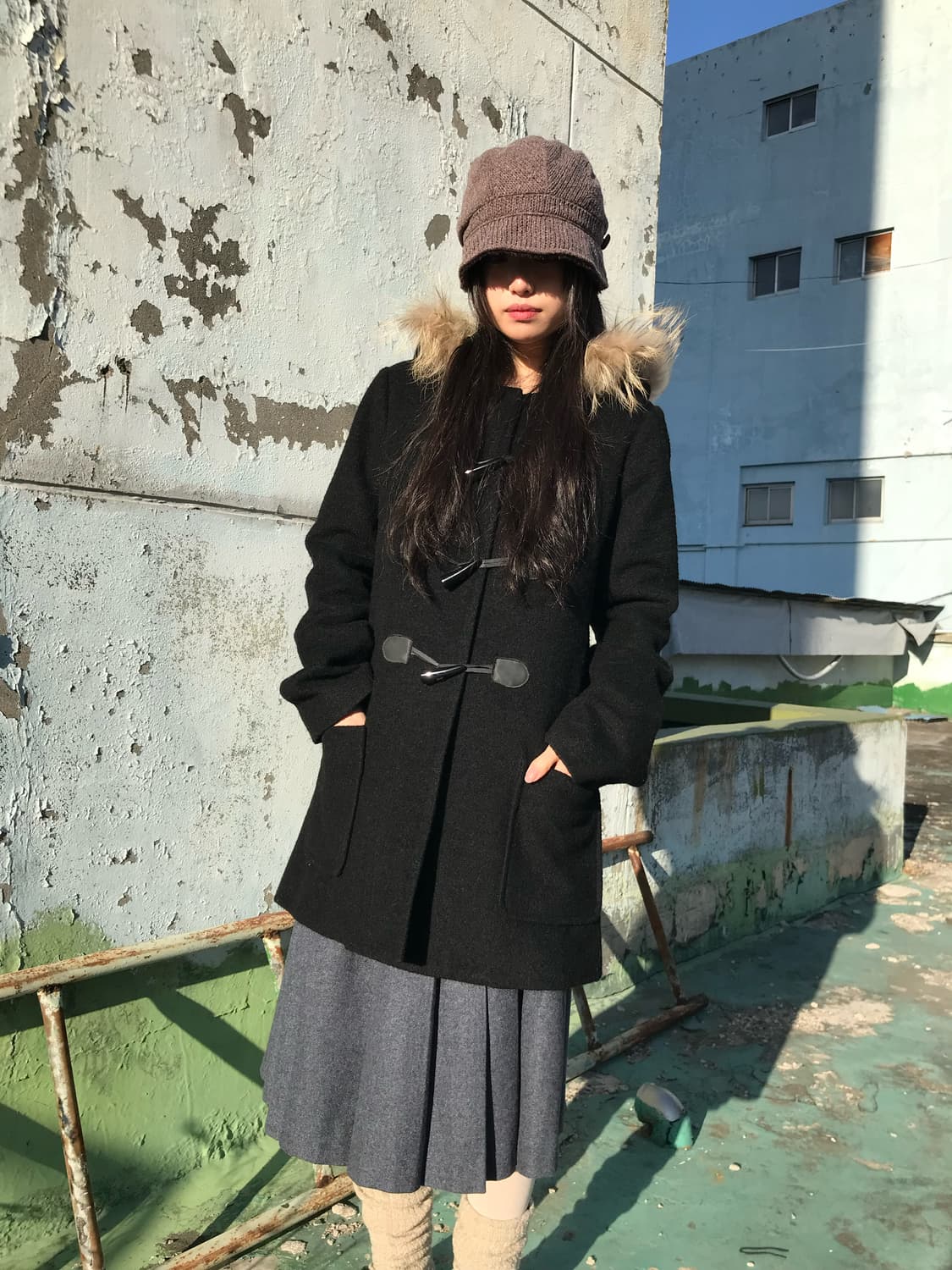 블랙 퍼  더플 코트 상품이미지4