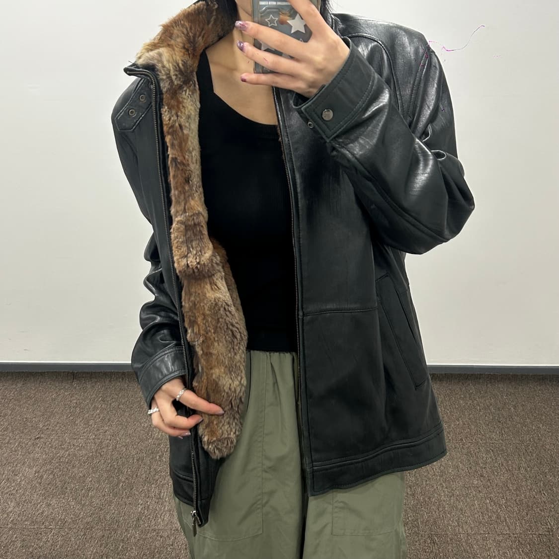 Vintage 안감 퍼 버클넥 레더 자켓 상품이미지2