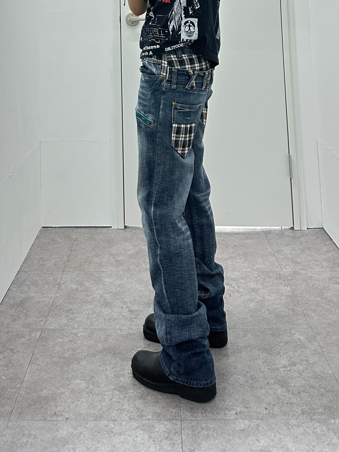 NONE vintage check fake layered denim pa 상품이미지1