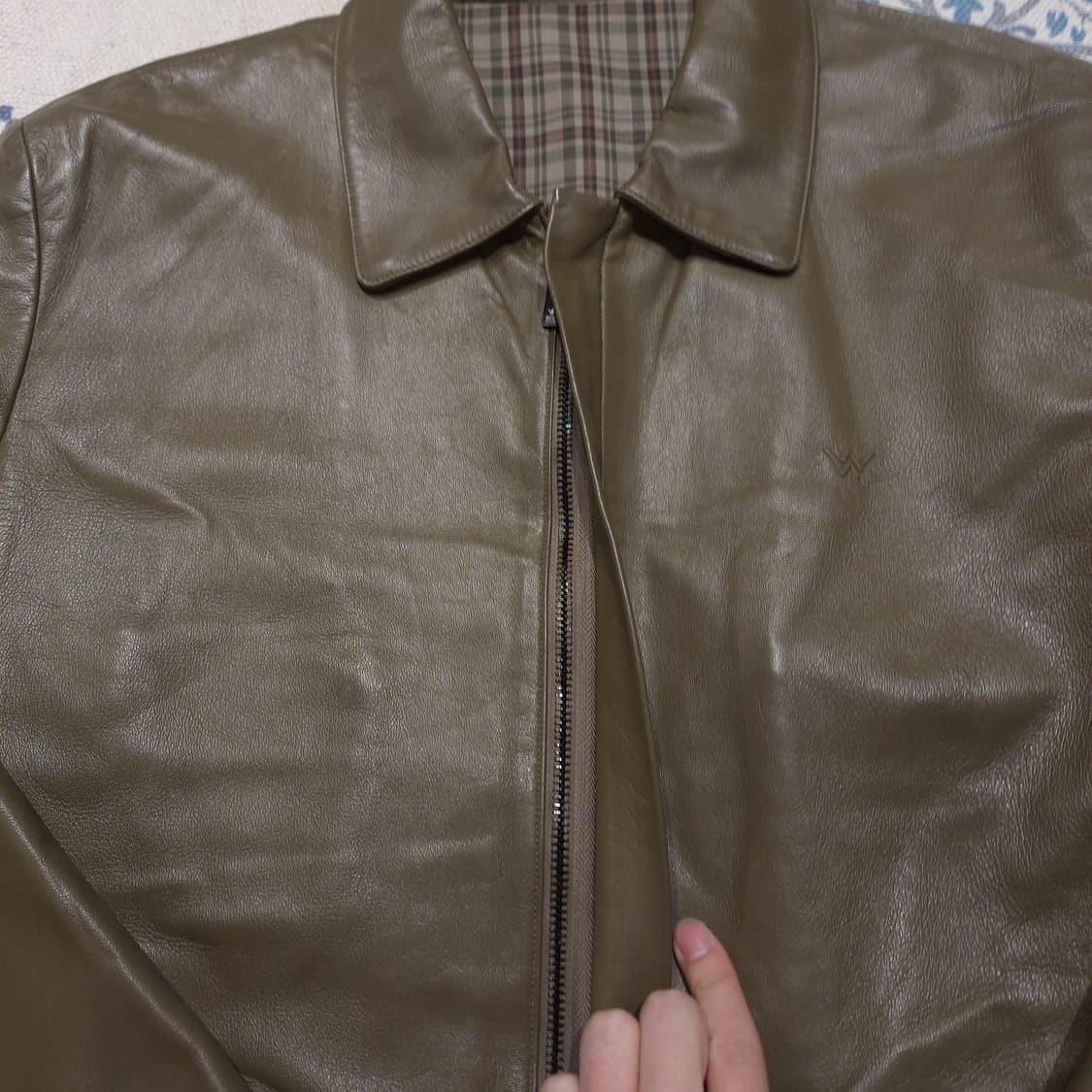 WINDY CLUB 카키 아메카지 심플 카라넥 양가죽 램스킨 가죽자켓 L 상품이미지5