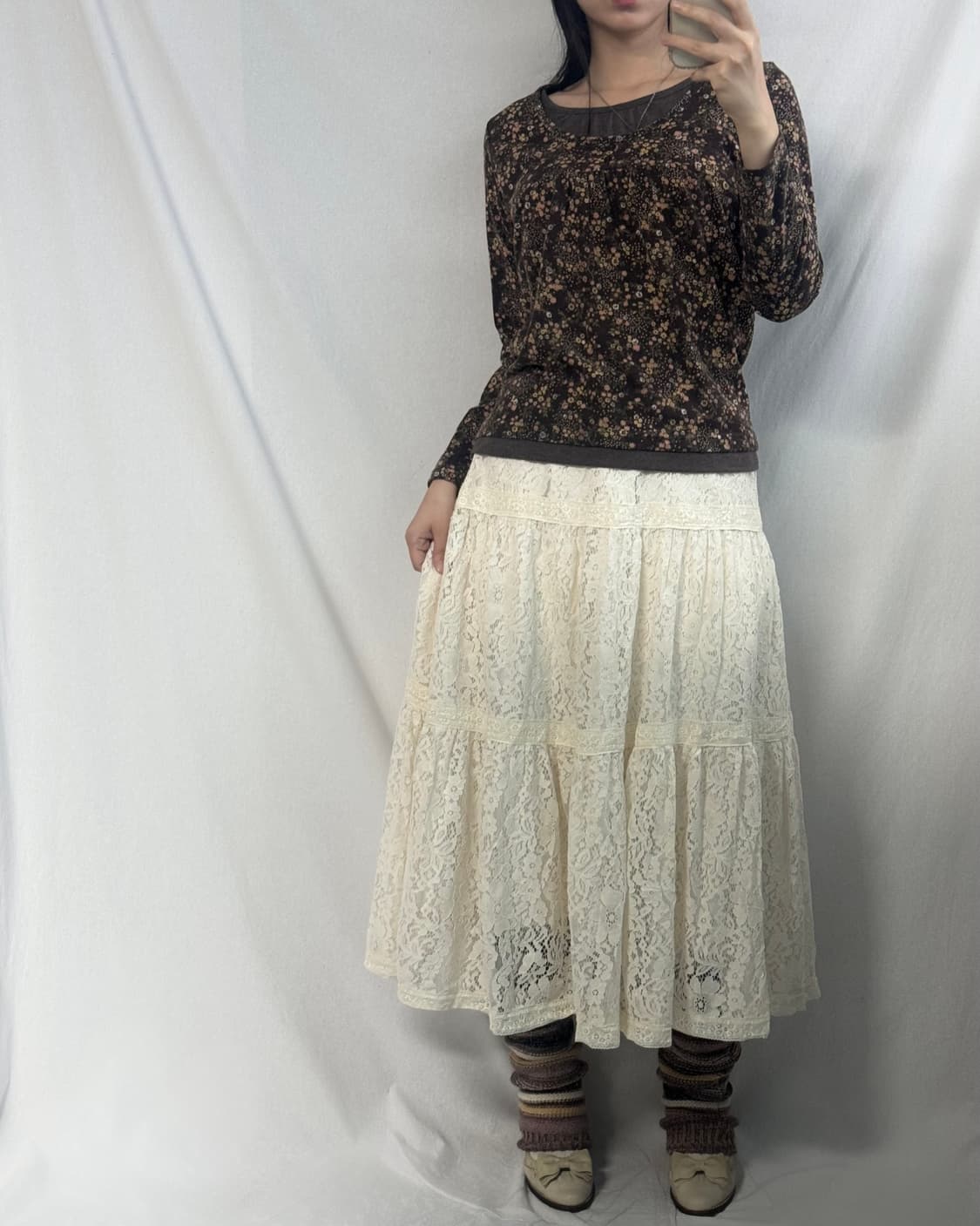 플라워 패턴 버튼 넥 레이어드 롱 슬리브 티 상품이미지6