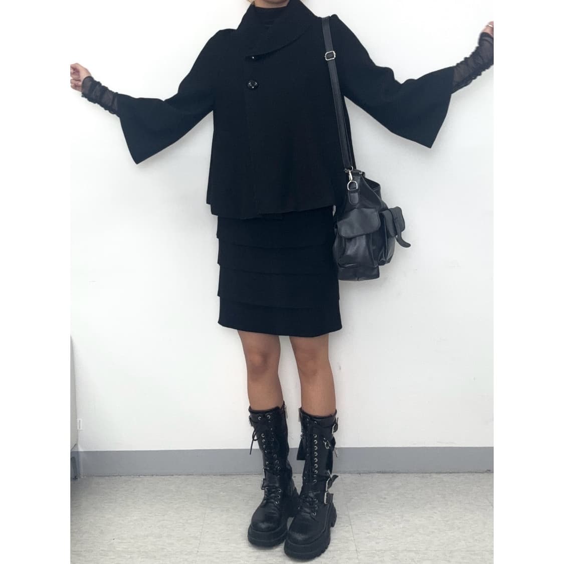 빈티지 울90% 블랙 케이프 하프 코트 상품이미지4